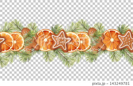 Hand-drawn Christmas seamless horizontal border with pine, orange, and gingerbread Hand-drawn Christmas seamless horizontal border with pine, orange, and gingerbread 143249781