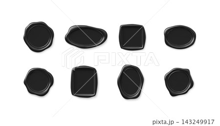 3D realistic black wax seal collection vector set, vintage stamp different shapes, envelope closure certificate approval 143249917