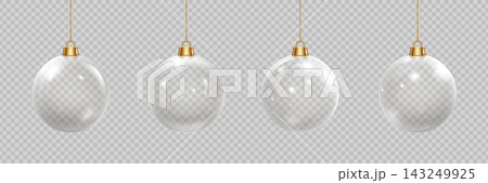 Christmas balls hanging on golden rope vector set, realistic transparent 3D glass ball with glares, festive decoration Christmas balls hanging on golden rope vector set, realistic transparent 3D glass ball with glares, festive decoration 143249925