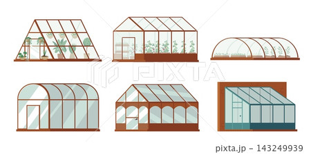 Greenhouse element set with glasshouse garden illustrations Greenhouse element set with glasshouse garden illustrations 143249939