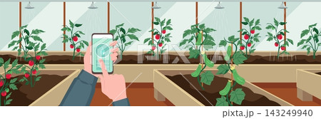 Greenhouse agriculture background with smartphone monitoring Greenhouse agriculture background with smartphone monitoring 143249940