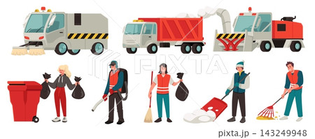 Street cleaners and janitors in uniform vector set, cleaning and gathering garbage, mows grass, Street cleaning service 143249948
