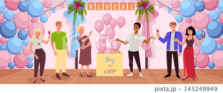 Gender reveal party, pregnant couple opening surprise box with pink balloons flying out, Baby shower celebration, guests 143249949