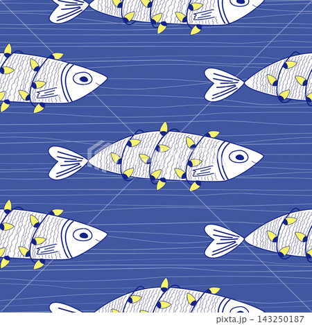 Seamless Pattern of funny Sardines wrapped in Christmas lights. Holiday fish shoal background, vector illustration 143250187