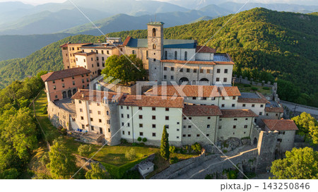 Castelmonte Sanctuary Aerial View Ancient Citadel Monastery Italy Castelmonte Sanctuary Aerial View Ancient Citadel Monastery Italy 143250846