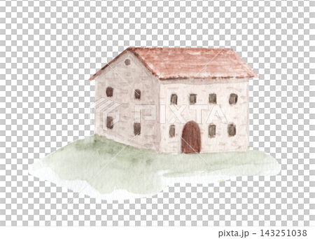 Rustic winery building with pale stone walls, red tiled roof, small windows, arched wooden door watercolor illustration. Hand painted rural architecture for vineyard, wine country, countryside designs Rustic winery building with pale stone walls, red tiled roof, small windows, arched wooden door watercolor illustration. Hand painted rural architecture for vineyard, wine country, countryside designs 143251038