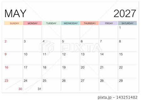 Calendar May 2027 page isolated on white background, Save clipping path. Calendar May 2027 page isolated on white background, Save clipping path. 143251482