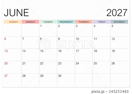Calendar June 2027 page isolated on white background, Save clipping path. 143251483