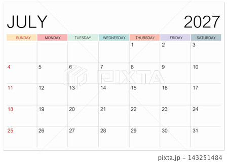 Calendar July 2027 page isolated on white background, Save clipping path. 143251484