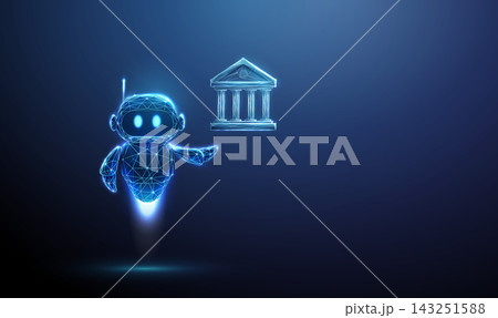 3D blue robot holding bank building icon. Online banking, financial technology, digital payment, secure investment, money transaction, capital economy, finance concept 3D blue robot holding bank building icon. Online banking, financial technology, digital payment, secure investment, money transaction, capital economy, finance concept 143251588