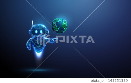 3D blue robot holding planet Earth. Global network, artificial intelligence, world connection, digital world, online communication, information technology concept 143251589
