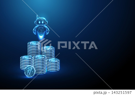 3D blue coins and robot. Wealth control, investment planning, ai advisor, portfolio strategy, passive savings, financial forecast, asset growth, prosperity concept 143251597