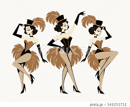 Retro cabaret dancers vector set. Three stylized cartoon showgirls performing in vintage burlesque costumes with feathers and top hats. Retro cabaret dancers vector set. Three stylized cartoon showgirls performing in vintage burlesque costumes with feathers and top hats. 143251712