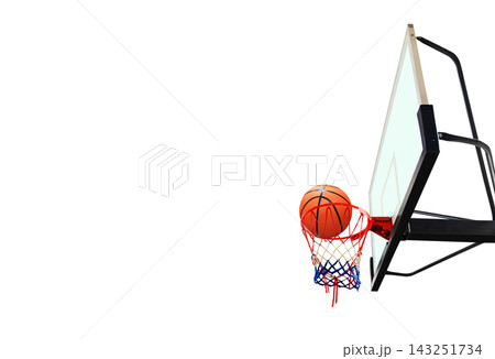 Winning Shot Basketball Ball Falling into the Hoop Isolated on White Background. 143251734