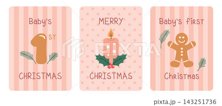cute babys first christmas card set with candle and cookie vector illustration 143251736
