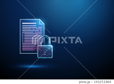 3D blue document and lock. Data security, file privacy, document protection, confidential access, encryption, cyber defense, firewall, safety concept 3D blue document and lock. Data security, file privacy, document protection, confidential access, encryption, cyber defense, firewall, safety concept 143251864