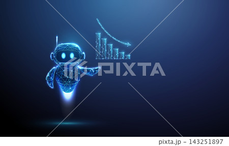3D blue robot with decreasing chart. Financial loss, market decline, falling statistics, economic downturn, business analytics, investment crisis, recession concept 143251897