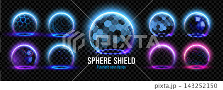 Blue barrier dome sphere shield protect on digital background. Glowing 3D hexagon cyber sphere with light effect. Technology Blue barrier dome sphere shield protect on digital background. Glowing 3D hexagon cyber sphere with light effect. Technology 143252150