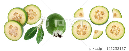Feijoa fruit isolated on white background. Top view. Flat lay Feijoa fruit isolated on white background. Top view. Flat lay 143252187