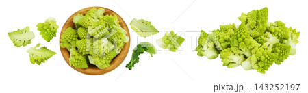 Romanesco broccoli cabbage or Roman Cauliflower in wooden bowl isolated on white background . Top view. Flat lay Romanesco broccoli cabbage or Roman Cauliflower in wooden bowl isolated on white background . Top view. Flat lay 143252197