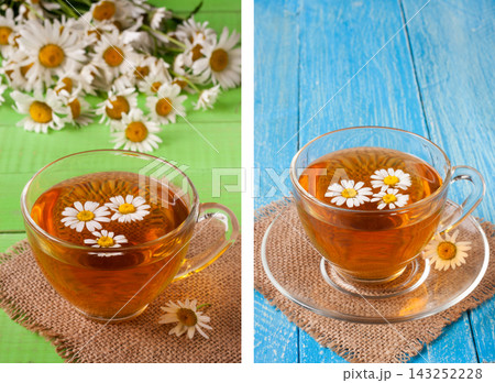 Herbal tea with fresh chamomile flowers on green and blue wooden background Herbal tea with fresh chamomile flowers on green and blue wooden background 143252228