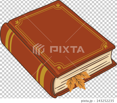 Vintage Closed Autumn Book Illustration, Retro Hardcover Book with Oak Leaf Bookmark and Gold Foil Frame Corner Details, Cozy Fall Reading Element Isolated on Transparent Background Vintage Closed Autumn Book Illustration, Retro Hardcover Book with Oak Leaf Bookmark and Gold Foil Frame Corner Details, Cozy Fall Reading Element Isolated on Transparent Background 143252235