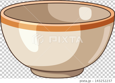 Illustration of a Ceramic Bowl with an Orange Rim, Isolated Empty Cream Colored Kitchenware Object for Food and Dining Design Concepts  143252237