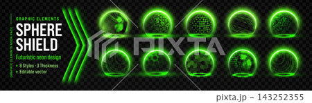 Green energy shield ball with light glow and yellow sphere protection. Hexagon barrier circle with neon technology bubble. 3D safety sphere for digital protection concept. Green energy shield ball with light glow and yellow sphere protection. Hexagon barrier circle with neon technology bubble. 3D safety sphere for digital protection concept. 143252355