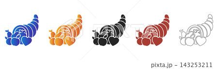 Cornucopia with fruit Thanksgiving flat icon set Cornucopia with fruit Thanksgiving flat icon set 143253211
