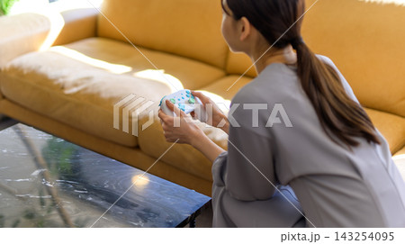 ソファでゲームコントローラーを操作する女性 ソファでゲームコントローラーを操作する女性 143254095