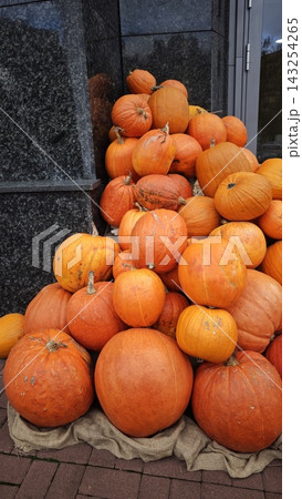Pile of orange pumpkins stacked against a stone wall, showcasing various sizes and shapes, with a burlap sack underneath on a brick pavement Pile of orange pumpkins stacked against a stone wall, showcasing various sizes and shapes, with a burlap sack underneath on a brick pavement 143254265