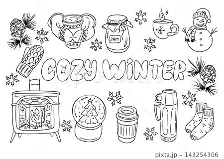 Cozy winter coloring page featuring illustrations of a snowman, fireplace, mugs, pinecones, and winter-themed elements arranged around the central text COZY WINTER Cozy winter coloring page featuring illustrations of a snowman, fireplace, mugs, pinecones, and winter-themed elements arranged around the central text COZY WINTER 143254306