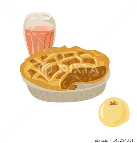 Autumn apple pie with a golden crust served alongside a glass of pink beverage and a whole apple on a white background, perfect for seasonal dessert displays 143254311