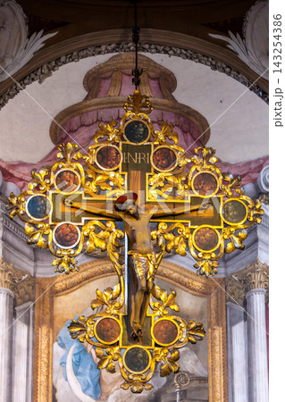Fifteenth century wooden crucifix inside the Basilica of San Petronio in Bologna Italy Fifteenth century wooden crucifix inside the Basilica of San Petronio in Bologna Italy 143254386