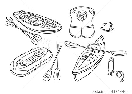 Kayaking set illustration featuring various types of kayaks, paddles, a life jacket, and safety equipment arranged in a detailed and organized manner Kayaking set illustration featuring various types of kayaks, paddles, a life jacket, and safety equipment arranged in a detailed and organized manner 143254462