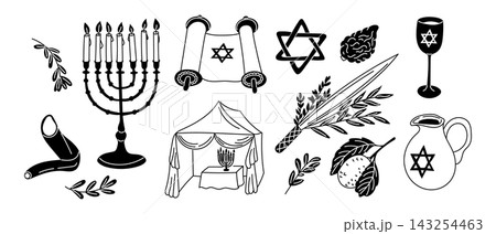 Jewish holiday symbols including menorah, Torah scroll, Star of David, shofar, and festive elements arranged in a decorative layout on a white background Jewish holiday symbols including menorah, Torah scroll, Star of David, shofar, and festive elements arranged in a decorative layout on a white background 143254463