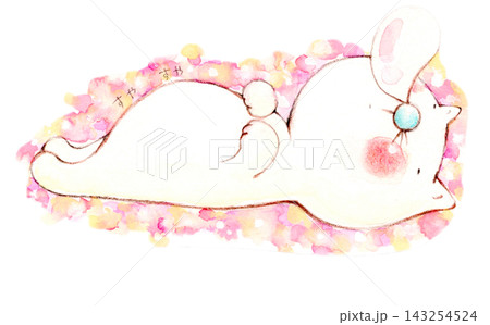すやすや眠るかわいいねこの手描きイラスト 143254524