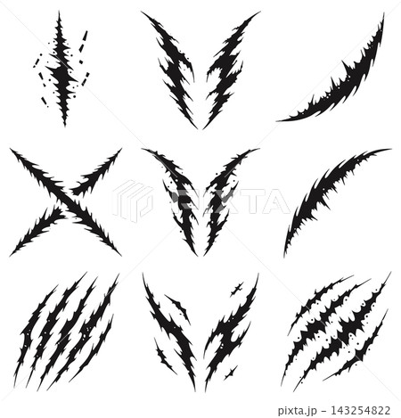 The image displays a collection of black vector graphics showing animal or monster claw scratches and slash marks 143254822