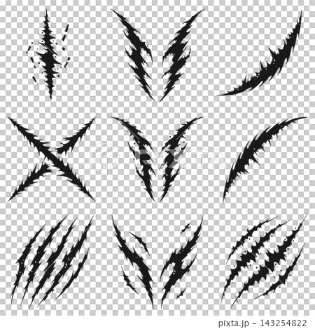 The image displays a collection of black vector graphics showing animal or monster claw scratches and slash marks 143254822