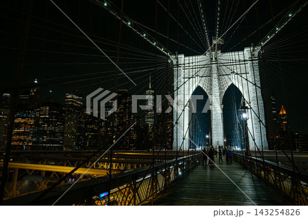 People walking along the Brooklyn Bridge pedestrian walkway with illuminated Manhattan skyline at night. Urban architecture scene with suspension cables and glowing city skyscrapers. People walking along the Brooklyn Bridge pedestrian walkway with illuminated Manhattan skyline at night. Urban architecture scene with suspension cables and glowing city skyscrapers. 143254826