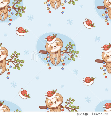 Christmas Cute Kawaii Sloth Seamless Pattern. New Year Animal Character Hanging on Branch with Santa Hat with Mistletoe and Garland Baubles on Light Blue Background. Holiday Vector Illustration. Christmas Cute Kawaii Sloth Seamless Pattern. New Year Animal Character Hanging on Branch with Santa Hat with Mistletoe and Garland Baubles on Light Blue Background. Holiday Vector Illustration. 143254966