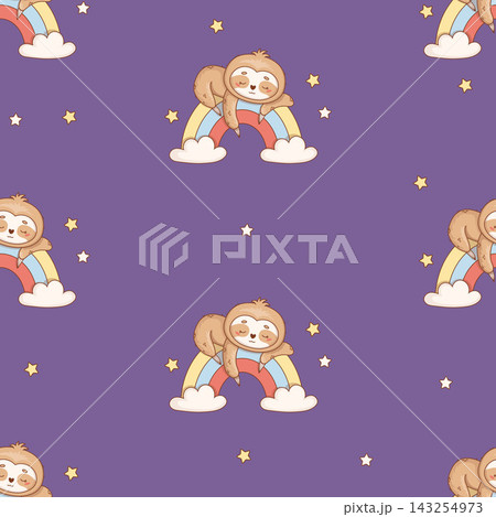 Seamless Pattern Cute Kawaii Sleeping Sloth on Rainbow with Clouds and Stars. Resting Dreamy Baby Cartoon Animal on Dark Purple Background. Vector Illustration. Kids collection for Repeat Design. 143254973