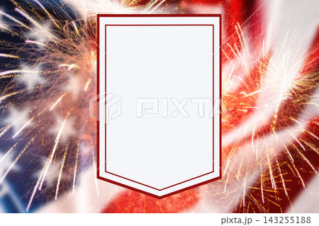 Template of American National holidays. White sign on background with waving flag of the USA and fireworks. Copy space. Mock up. Concept of patriotism Template of American National holidays. White sign on background with waving flag of the USA and fireworks. Copy space. Mock up. Concept of patriotism 143255188