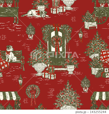 Christmas Street Scene Seamless Toile Pattern Vector Christmas Street Scene Seamless Toile Pattern Vector 143255244