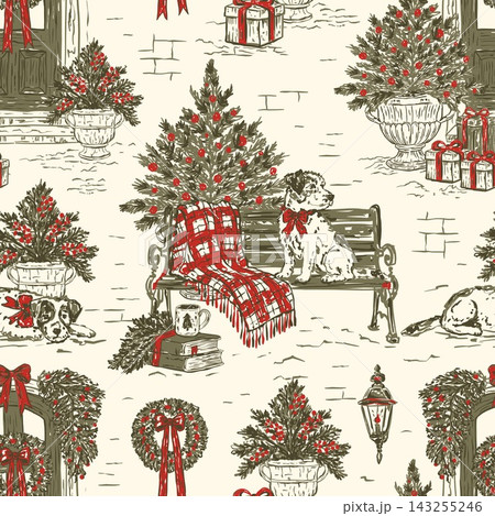 Christmas Dog Doorway Toile Seamless Pattern Vector 143255246