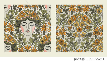 Floral Woman Seamless Pattern Set Vector Floral Woman Seamless Pattern Set Vector 143255251