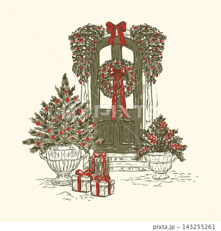 Christmas Porch Tree Toile Sketch Invitation Vector 143255261