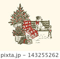 Christmas Dog Bench Toile Sketch Greeting Card Vector 143255262