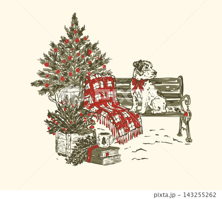 Christmas Dog Bench Toile Sketch Greeting Card Vector 143255262
