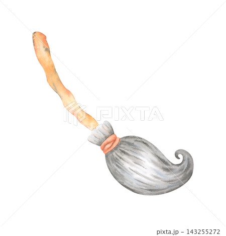 A magical watercolor broomstick for a witch's Halloween flight. An element of a spooky party costume. A hand-drawn cleaning tool. An isolated cartoon-style broom for design use. A magical broomstick  143255272